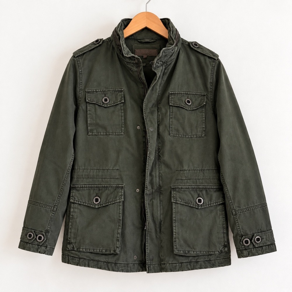 Tasso Elba Mens Olive Green Cotton Field Jacket M Military Utility Hooded Coat